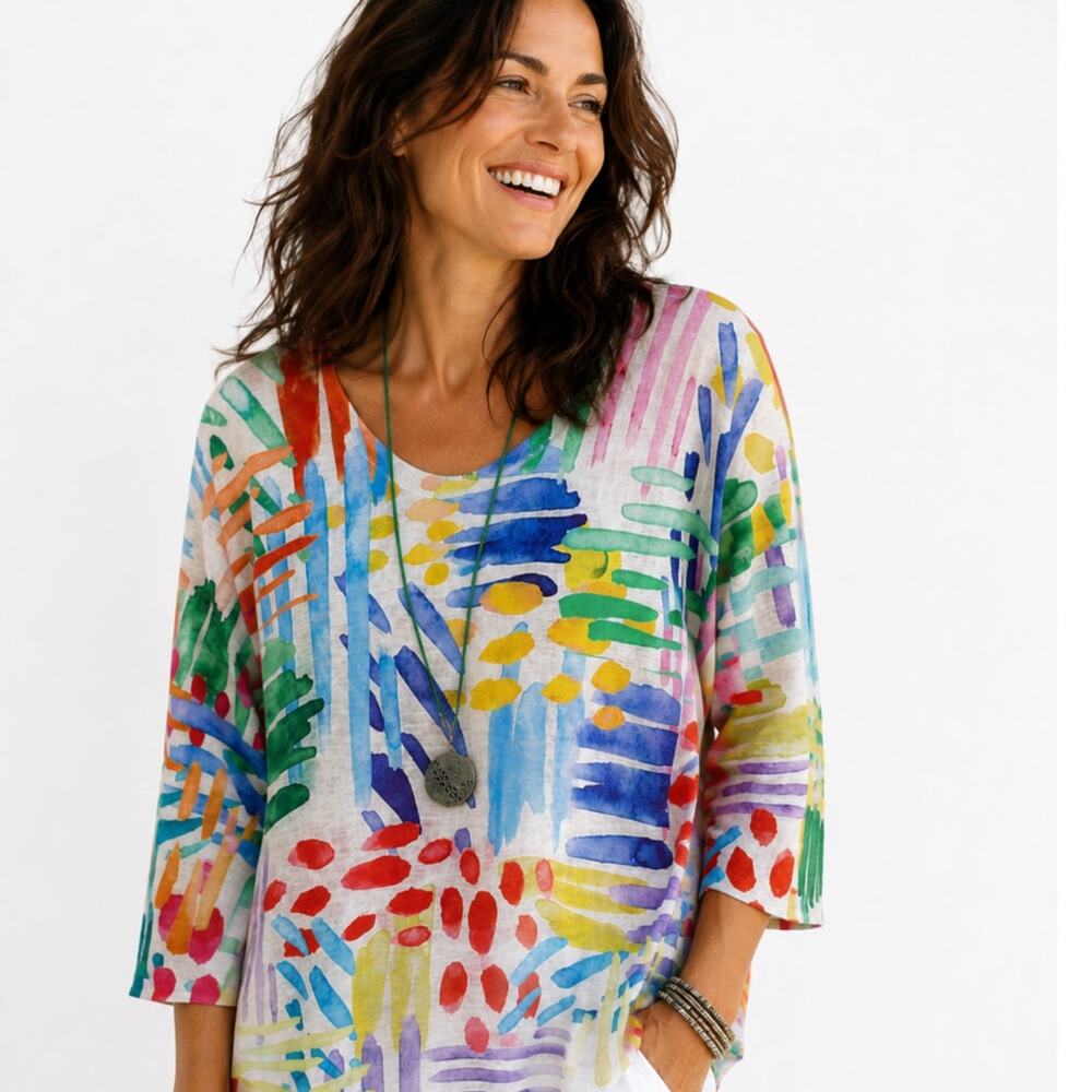 Et 'Lois NEW Fiona Top Womens Large White Multi Artsy Colorful Swing Casual Tee